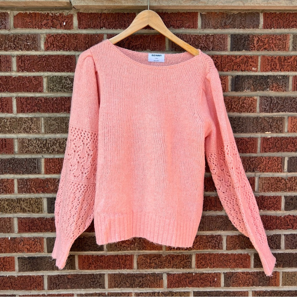Old Navy Salmon Pink Boat Neck Chunky Knit Floral Knit Balloon Sleeve Sweater